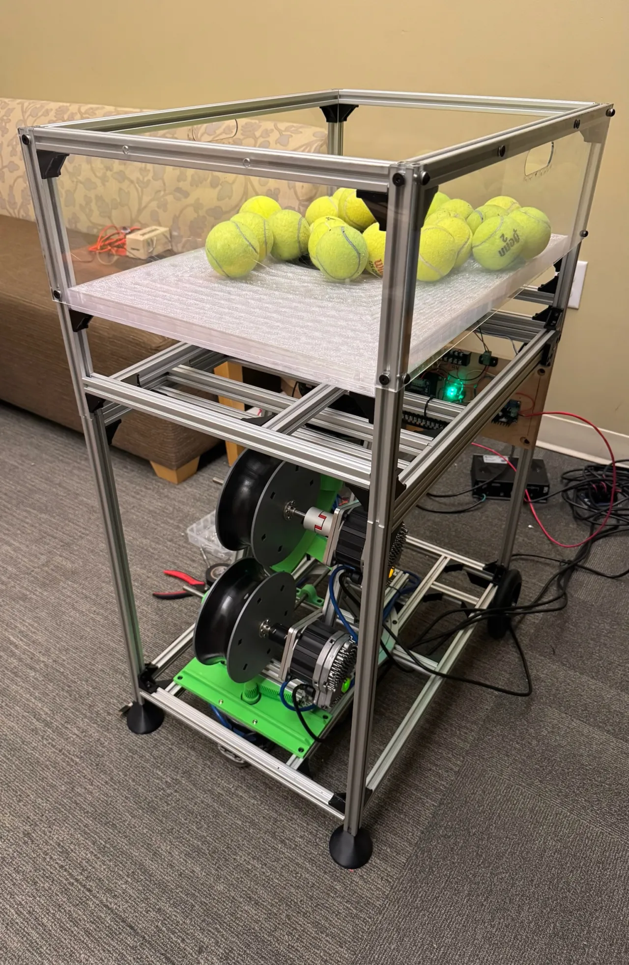 The finished ball hoppers with the panels installed